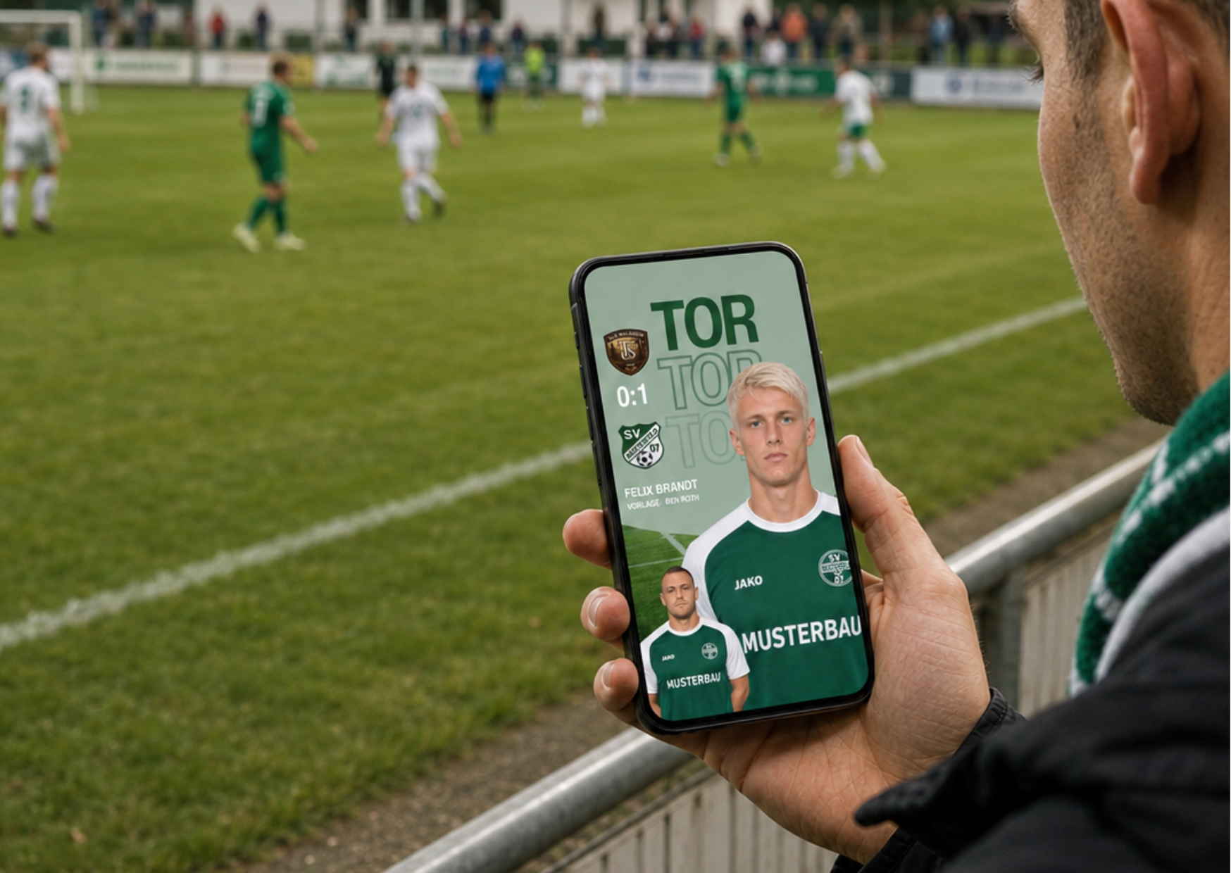 Tor-Grafik im Vereinsdesign auf einem Handy am Spielfeldrand